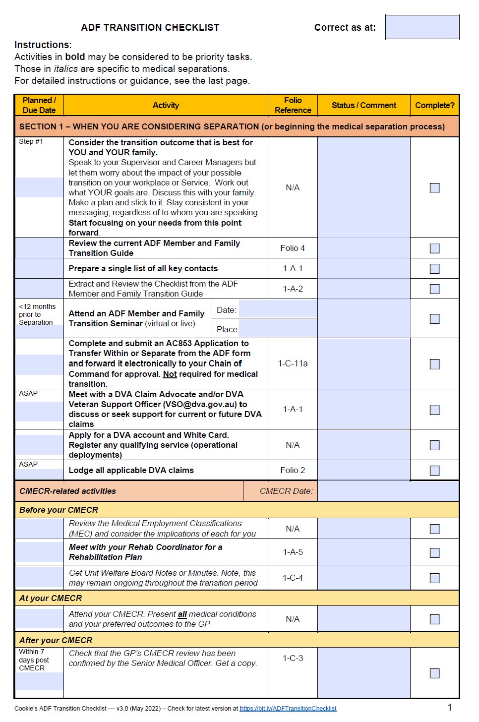 Cookies ADF Transition Checklist v3.0